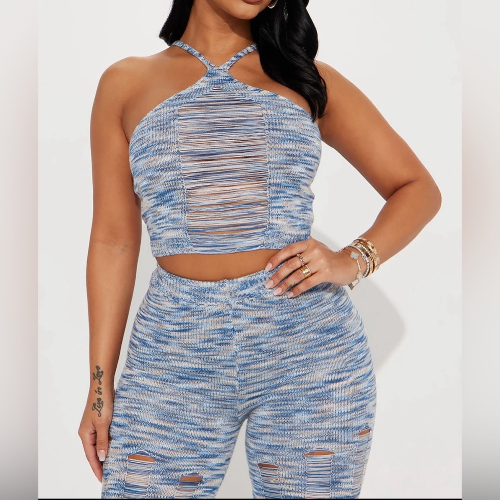 NWT Fashion Nova 2 Pc Ripped Knit Women’s Straight Leg Pants Set